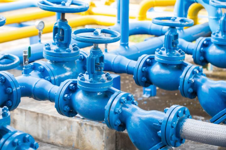 Blue oil pipes and wheel valves