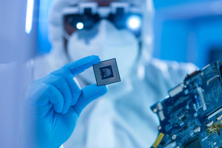 scientist with protective gear holding technology chip