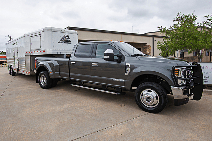 Heavy-duty truck with the Probata Mobile Calibration Trailer attached