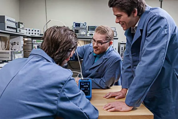 Probata employees in blue lab coats looking at testing equipment