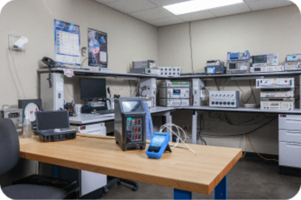 Probata testing lab with equipment on shelves